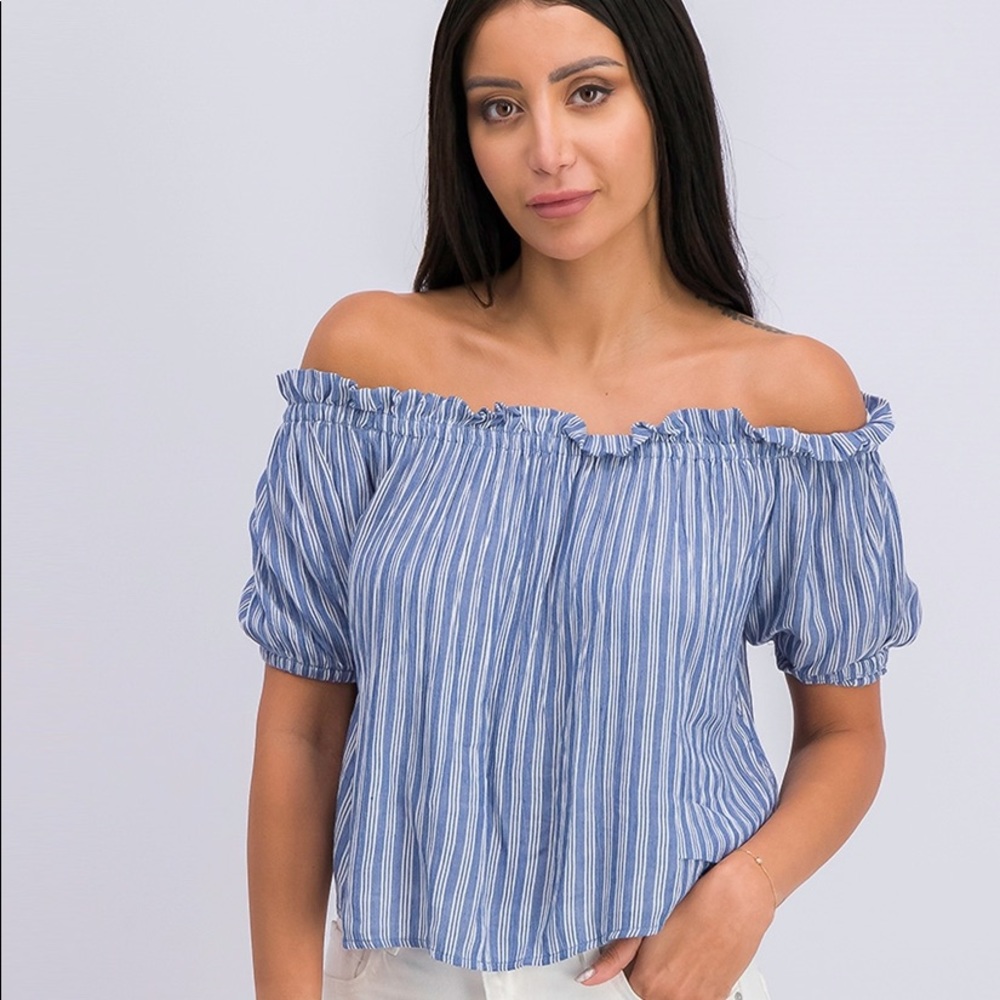 Off the shoulder blue and white top